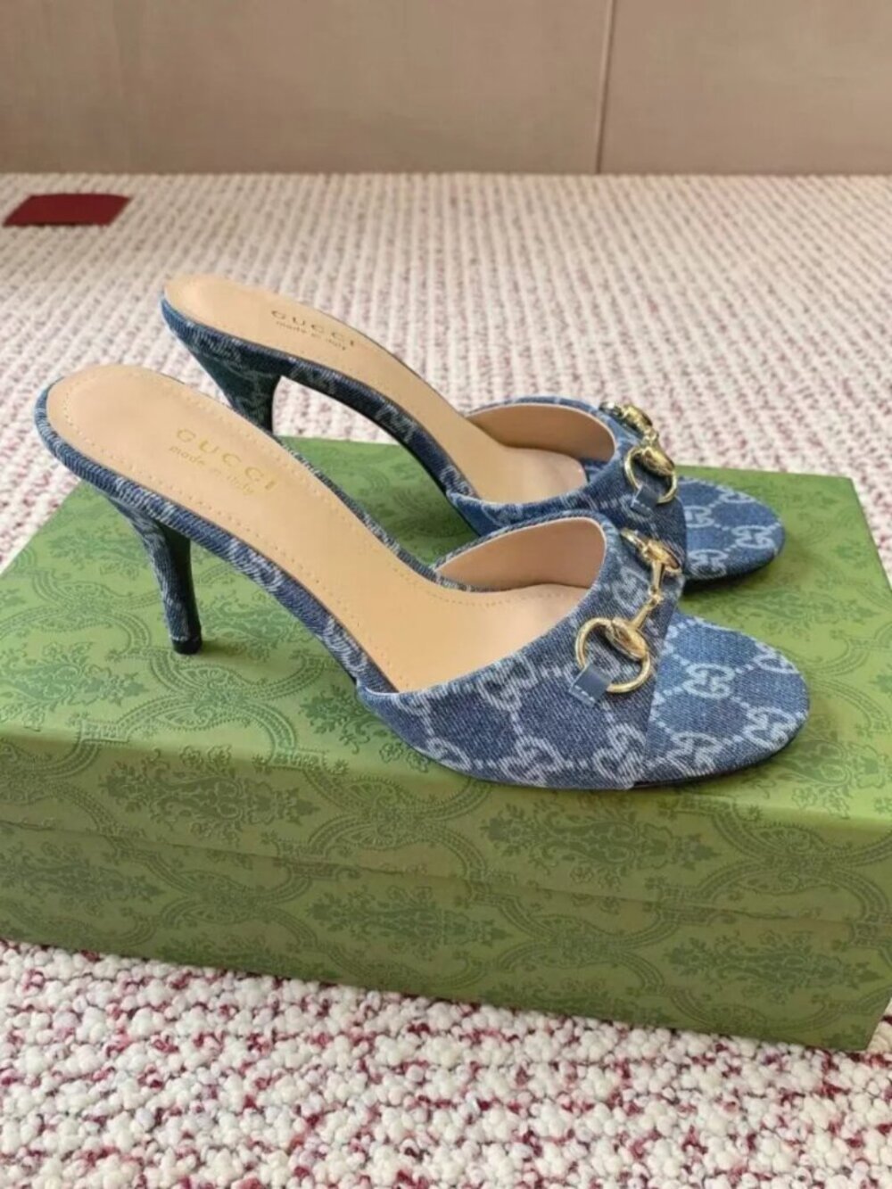 Gucci Blue Denim GG Monogram Horsebit Block Heel Mule Sandals